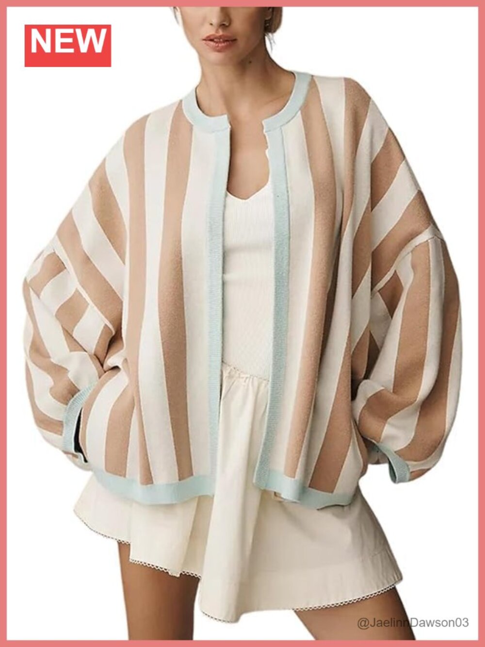 VAOYIU Womens Striped Knit Cardigan Long Lantern Sleeve Open Front Sweater